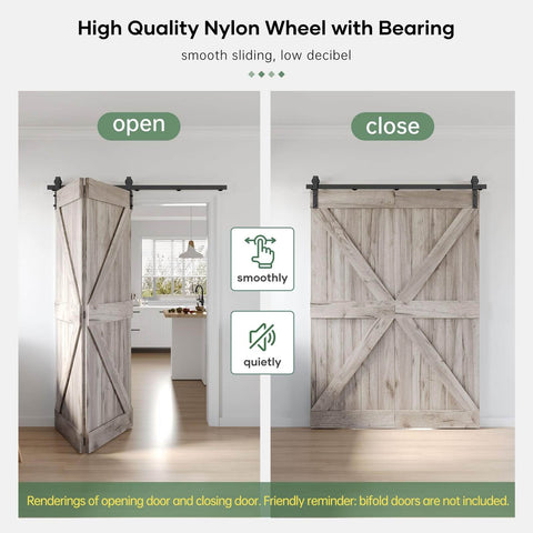 64 Inch Bifold Sliding Barn Door Hardware Track Kit With Side Mounted Black J Shape Rollers For Ultra Quiet Smooth Glide Easy Assembly Fits Double 30 Inch Bi Folding Doors Door Not Included installed view