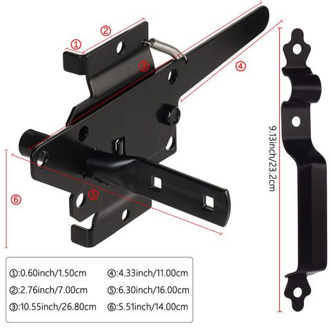 Diagram of Beefy Heavy Duty Self Locking Gate Latch With Handle, Weatherproof Black Finish, dimensions labeled.