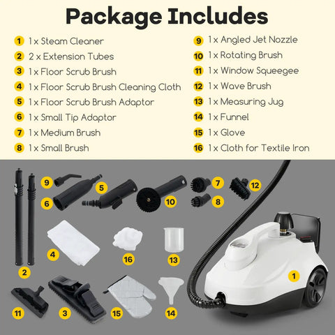 Smooth Glide Steam Cleaner With Safety Trigger And 61 Oz Tank 1800W High Heat Vapor Blaster package contents including various nozzles and brushes.