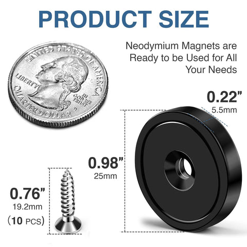Angled view of black neodymium cup magnet with countersunk hole, 10-pack with screws