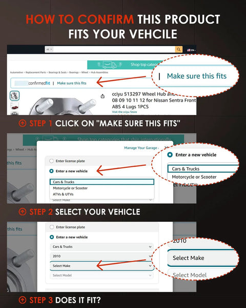 Instructions on confirming product fit for vehicle online using car details.