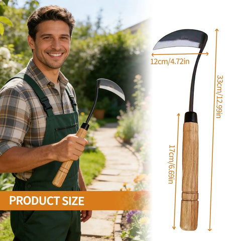 Man holding Pro Grade Japanese Garden Hoe And Sickle For Quick Weeding And Cultivating with 4.29 inch blade in garden