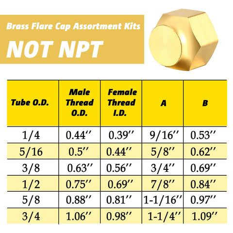 Brass SAE 45 Degree Flare Plug And Cap Set size chart for 1/4, 5/16, 3/8, 1/2, 5/8, 3/4 inch tube OD, labeled Not NPT.