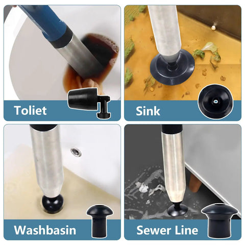Real Deal Heavy Duty High Pressure Toilet Plunger And Drain Blaster With Visual Barometer Gauge in action on various clogs.
