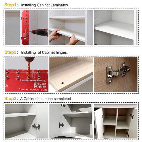 11 Hole Shelf Pin Jig With Self Clamping Hinge Drill Guide used in cabinet construction with adjustable drilling and hinge installation.
