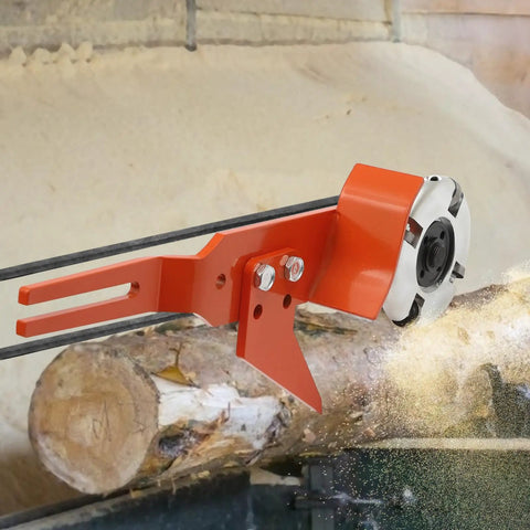 Knockout Chainsaw Mill Attachment And Log Debarker Peeler Featuring Four Heavy Duty Blades for wood milling on a log.