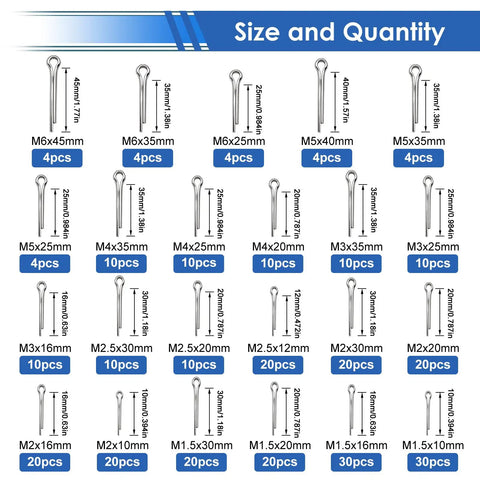 304 Stainless Steel Cotter Pin Set, 304Pcs in 24 Sizes, Heavy Duty Assortment Kit showing size and quantity chart