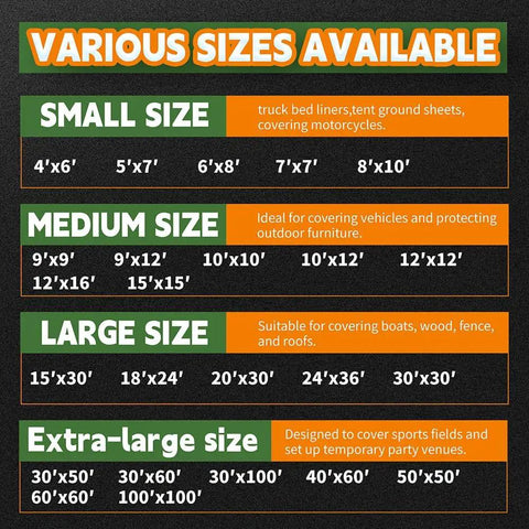 Various sizes of tarps available in small, medium, large, and extra-large for different covering needs.