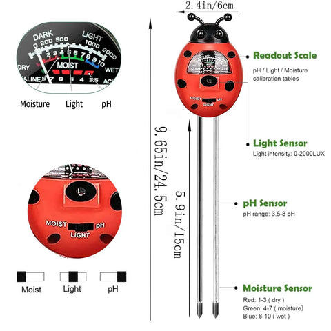 All in One Soil Moisture PH and Light Meter with Readout Scale and Sensors for Indoor and Outdoor Plants, Garden, Lawn and Farm Use