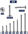 Built Like A Tank 500 Pack Of 8 X 1/2 Sheet Metal Screws Crafted From Solid 410 Stainless Steel Truss Head Self Tapping Fasteners With Knockout Rust Protection And Zero Hassle Driving For Every Tough Job Or Weekend Warrior Project. Showing various lengths of #8 truss head screws.