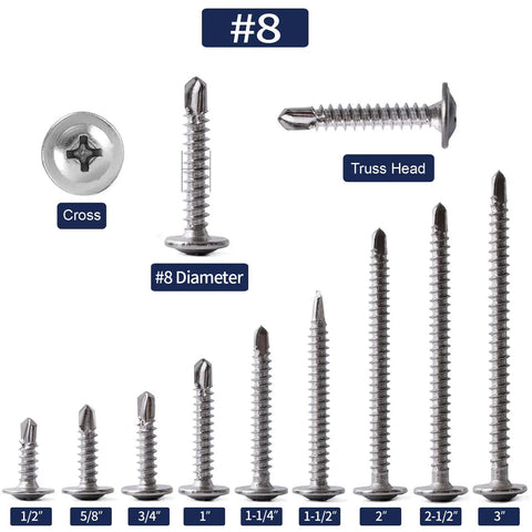 Built Like A Tank 500 Pack Of 8 X 1/2 Sheet Metal Screws Crafted From Solid 410 Stainless Steel Truss Head Self Tapping Fasteners With Knockout Rust Protection And Zero Hassle Driving For Every Tough Job Or Weekend Warrior Project. Showing various lengths of #8 truss head screws.