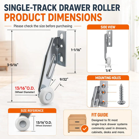 5 Pack Drawer Track Rollers Right Hand Replacement Guides For Dressers And Cabinets, 13/16 Inch Nylon Wheel With Steel Bracket