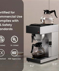 12 Cup Commercial Drip Pour Over Coffee Maker With Two Glass Carafes And Warmers Stainless Steel Brew Station side view