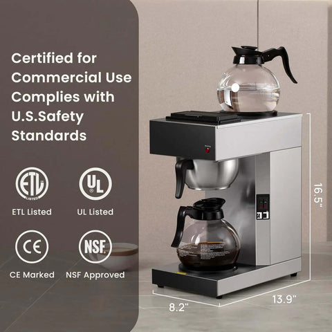 12 Cup Commercial Drip Pour Over Coffee Maker With Two Glass Carafes And Warmers Stainless Steel Brew Station side view