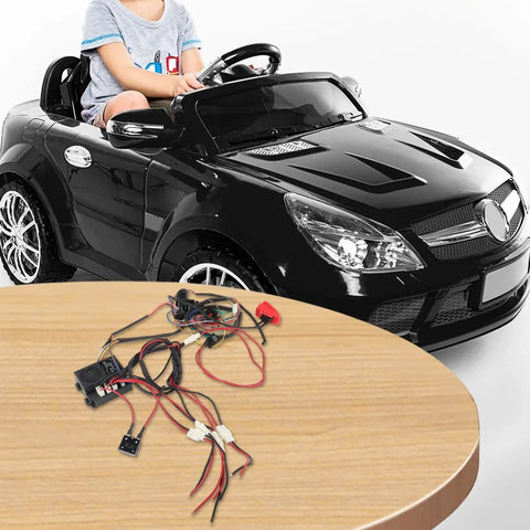 24V Ride On Car Upgrade Kit with 2.4G Remote Control, wiring harness on table, toy car with child in background