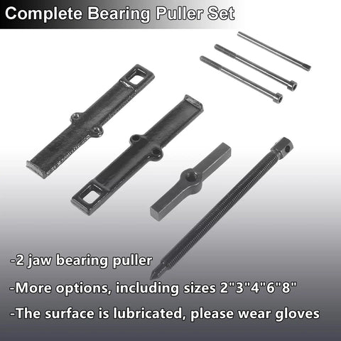 Five Piece Adjustable Two Jaw Bearing Puller Set With 2 Inch 3 Inch 4 Inch 6 Inch And 8 Inch Jaws Carbon Steel Wheel Bearing Gear Removal Kit For Motorcycle Maintenance Workhorse shown disassembled with components displayed.