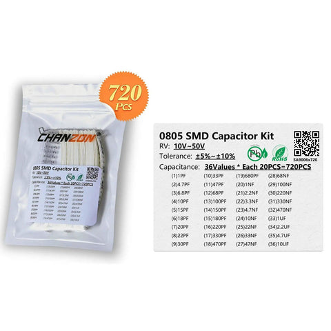 Packaging of 720pcs 0805 SMD Capacitor Kit With 36 Capacitance Values From 1pF To 10uF, 10-50V X7R Ceramic Assortment.