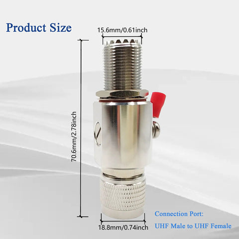 UHF PL259 Male To Female Lightning Arrester And SO239 Coaxial Surge Protector with size dimensions and connection port details.