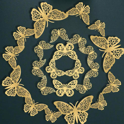 3D Butterfly Wall Decor Set Featuring Gold, Rose Gold And Silver Butterflies Perfect For Cake Decorating, Party And Wedding Decor Includes 72 Pieces With Double Sided Adhesive Dots For Quick, Standout Accents in an artistic circle arrangement
