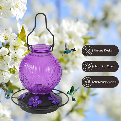 Outdoor Hummingbird Feeder With Perch And Five Flower Feeding Ports 23 Oz Nectar Feeder For Backyard Garden Patio Purple