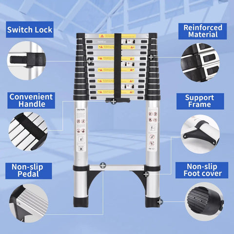 Aluminum Telescoping Ladder 16 Point 5 Feet Extension with Triangle Stabilizers and safety features diagram