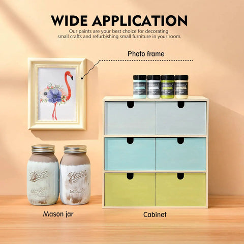 Chalk Furniture Paint Set With Nine Colors In Ultra Matte Finish, 60 Ml Bottles on cabinet next to mason jars and photo frame.