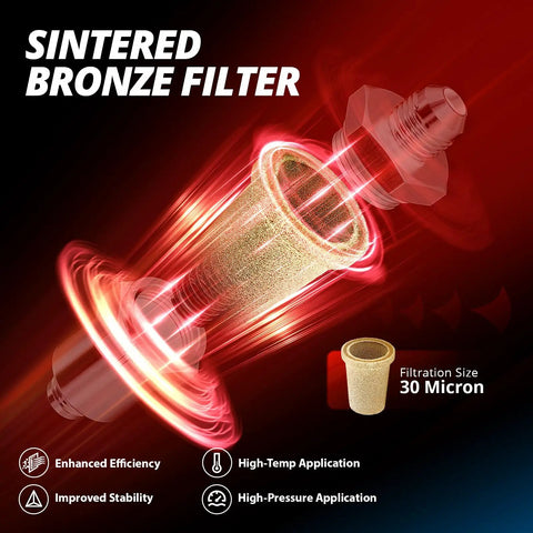 Compact Billet Inline Fuel Filter 6AN 30 Micron Aluminum Black with sintered bronze filter illustration