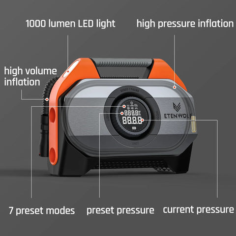 Front view of ETENWOLF VORTEX S6 portable tire inflator in orange and gray with a digital display