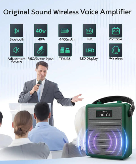 40W Wireless Voice Amplifier For Teachers And Large Audiences Bluetooth Speaker PA System Karaoke Machine Portable Speaker With Microphone Support USB TF Card Aux Guitar Input shown with features list and speaker in auditorium setting