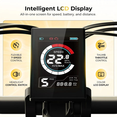 Intelligent LCD display on Cityscape 2.0 Electric Commuter Bike For Adults With 468Wh Removable Battery 26 Inch Wheels Up To 50 Miles 7 Speed Gearing Front Suspension UL Certified For City Cruisin showing speed and battery