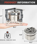 2250W Alcohol Stove For Camping And Outdoors, stainless steel portable stove with sealed cover on hand, foldable stand shown