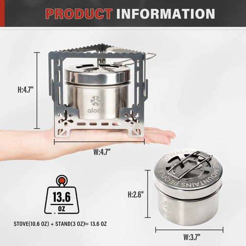 2250W Alcohol Stove For Camping And Outdoors, stainless steel portable stove with sealed cover on hand, foldable stand shown