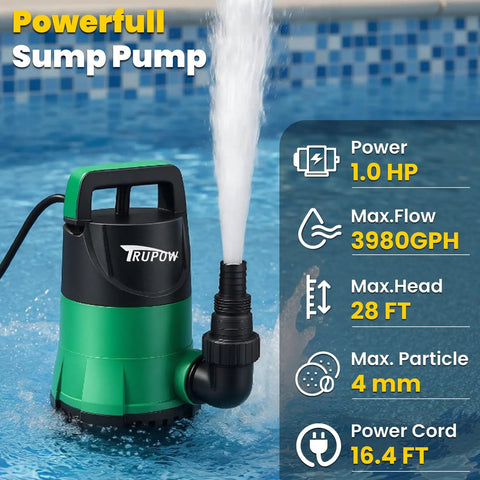 1 HP Submersible Sump Pump With 3981 GPH Flow Workhorse Portable Thermoplastic Electric Utility Pump in pool