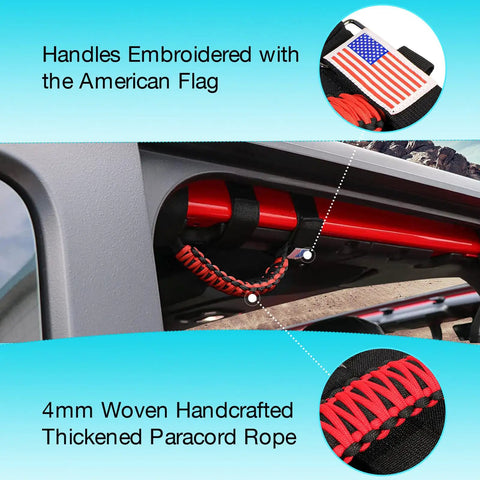 Close-up of Jeep roll bar grab handles with red paracord, American flag embroidery. Four Pack Jeep Grab Handles For Roll Bar Paracord Set Off Road Ready Interior Upgrades For Wrangler And Gladiator CJ YJ TJ JL JK LJ JLU JKU Sahara Rubicon And JT With Red American Flag