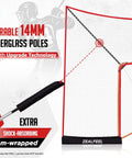 Ultra Large 14x10 Ft Lacrosse Backstop Net For Shooting Practice Extra Coverage To Stop Missed Shots 14mm Foam Wrapped Fiberglass Poles 4 Strand Tear Resistant Netting Includes Sandbag And Stakes Goal Not Included displayed with close-up of foam-wrapped pole.