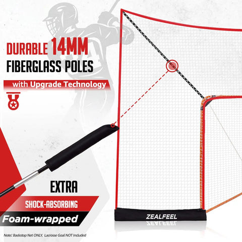 Ultra Large 14x10 Ft Lacrosse Backstop Net For Shooting Practice Extra Coverage To Stop Missed Shots 14mm Foam Wrapped Fiberglass Poles 4 Strand Tear Resistant Netting Includes Sandbag And Stakes Goal Not Included displayed with close-up of foam-wrapped pole.