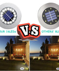 Comparison of waterproof outdoor solar ground lights disk LEDs 16 lamp array vs 8 LED in garden yard landscape lighting