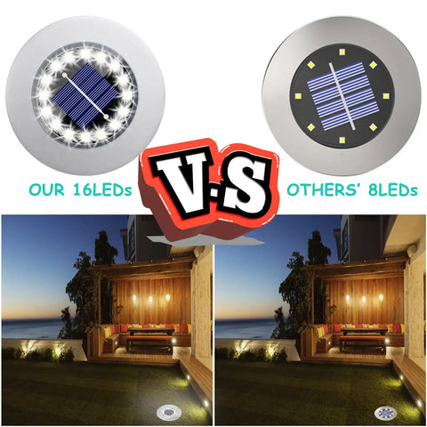 Comparison of waterproof outdoor solar ground lights disk LEDs 16 lamp array vs 8 LED in garden yard landscape lighting