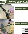 Quick Adjust 2 Point Rifle Sling With HK Hook Padded Shoulder Pad in use, army green, showing release and tighten length steps.