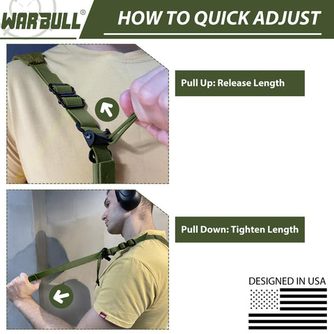 Quick Adjust 2 Point Rifle Sling With HK Hook Padded Shoulder Pad in use, army green, showing release and tighten length steps.