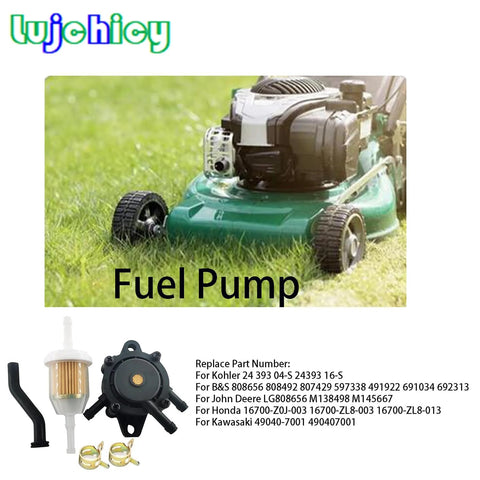 Fuel Pump For Briggs Stratton Honda Kohler Yamaha Small Engine Lawn Mower Tractor With Vacuum Hose And Fuel Filter Includes AM116304 For Broad Compatibility 17HP To 25HP shown with lawn mower background and fuel pump components.