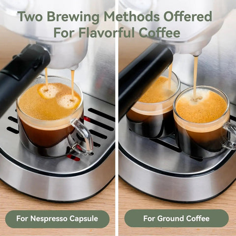 20 Bar Dual Mode Espresso Machine With Portafilter For Nespresso Original Capsules Or Ground Coffee brewing two coffees