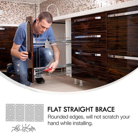 Person installing cabinet with Stainless Steel Furniture Braces Set Flat Straight Brackets For Wood Repair and Fixing.