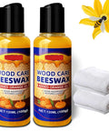 Top Shelf Two Piece Beeswax And Orange Oil Wood Conditioner Kit with two 120ml bottles and cleaning cloths.
