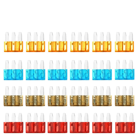 Micro 3 Blade Automotive Fuse Kit With See Through Windows, 6 Pack Each Of 5A 7.5A 10A And 15A Fuses, 24 Piece Set, assorted colors