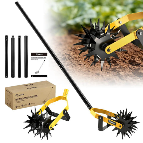 2-In-1 Manual Rotary Cultivator And Weeder With Adjustable Long Handle, 72.4 Inch, 3-Blade Steel Tiller on soil next to packaging