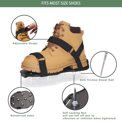 Preassembled Lawn Aerator Shoes With Spiked Soles And Adjustable Straps showcasing details like adjustable straps and steel spikes