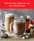 Four Piece Double Wall Insulated Glass Coffee Mug Set Keeps Hot Brews Steaming And Icy Drinks Frosty With Zero Sweat Marks Premium Borosilicate Glass Is Dishwasher Safe For Your Daily Grind Routine, featuring various beverages.