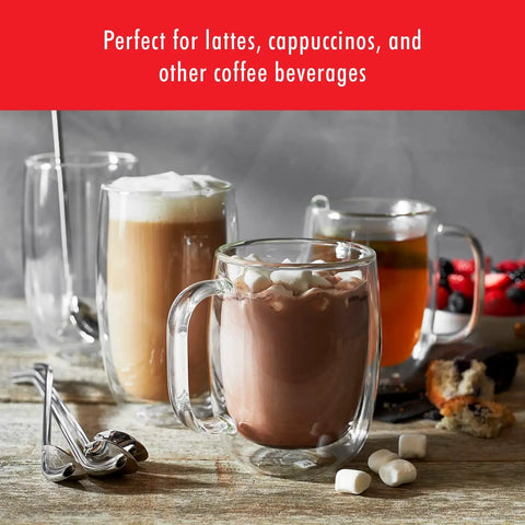Four Piece Double Wall Insulated Glass Coffee Mug Set Keeps Hot Brews Steaming And Icy Drinks Frosty With Zero Sweat Marks Premium Borosilicate Glass Is Dishwasher Safe For Your Daily Grind Routine, featuring various beverages.