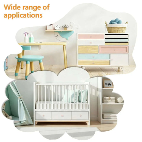 Decorative Pink Cloud Moon Star Cabinet Knobs Set in use on colorful dresser and crib in child's room